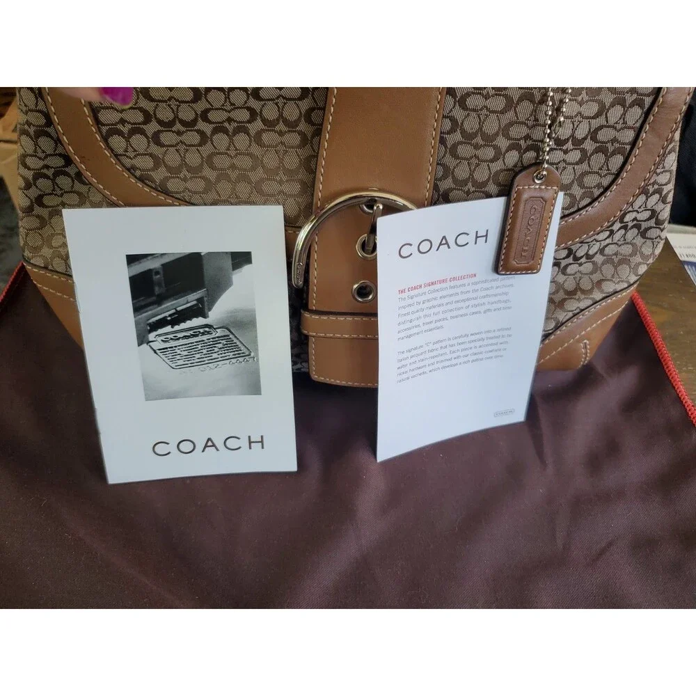 Coach Soho Signature C Buckle Flap Shoulder Bag Camel Tan Leather Trim 6349